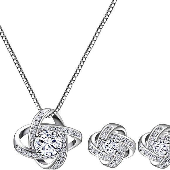 Bridal Jewelry Set Crystal Cubic Zirconia Love Knot Necklace Earrings Bridal Wed - Picture 1 of 8